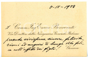 1928 GENOVA Enrico BENVENUTI vice direttore NGI - Biglietto da visita AUTOGRAFO Biglietto da visita con messaggio di auguri autografo.CONDIZIONI: G       originale e autentica 1