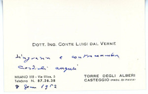 1962 TORRE DEGLI ALBERI Conte Luigi DAL VERME - Biglietto da visita AUTOGRAFO