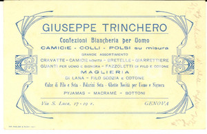 1910 ca GENOVA Giuseppe TRINCHERO - Biancheria per uomo - Biglietto
