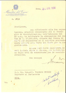 1954 ROMA Autografo Teodoro BUBBIO su lettera Cassa Depositi e Prestiti
