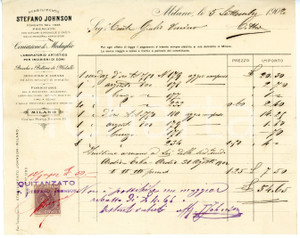 1902 MILANO Stabilimento Stefano Johnson - Medaglie - Fattura con AUTOGRAFO Fattura manoscritta su carta intestata, con marca da bollo e firma autografa. CONDIZIONI: FAIR (piegature d'epoca e al margine inferiore)FORMATO: 22x18 cm       originale e autentica 1