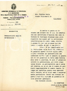 1946 TORINO Giuseppe DELLA BEFFA "Germinabilità semi di barbabietola" - AUTOGRAFO
