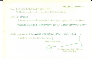1963 LONDON BIOREX Laboratoratories - Lily BAXENDALE signed postcard FP VG