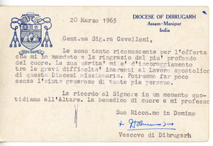 1965 DIBRUGARH Vescovo Hubert D'ROSARIO ringrazia per offerta - AUTOGRAFO