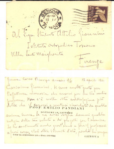 1944 GENOVA Prof. Emilio PANDIANI dottore in Lettere - Biglietto AUTOGRAFO