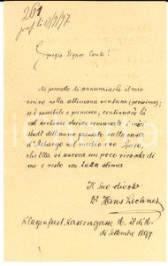 1897 KLAGENFURT Lettera Hans LECHNER per arrivo in Italia - Autografo