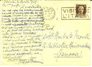 1939 PAVIA Filippo COCCONI a Umberto MONTI per il suo nuovo libro - AUTOGRAFO