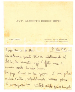 1929 CAGLIARI Avv. Alberto COCCO ORTU - Biglietto da visita AUTOGRAFO