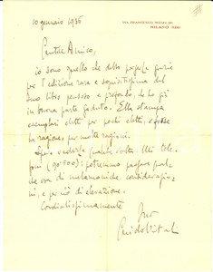 1936 MILANO Preside Guido VITALI ringrazia per un libro ricevuto - AUTOGRAFO