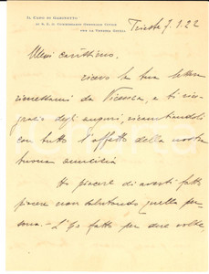 1922 TRIESTE Capo di Gabinetto del Commissario per la VENEZIA GIULIA - Autografo