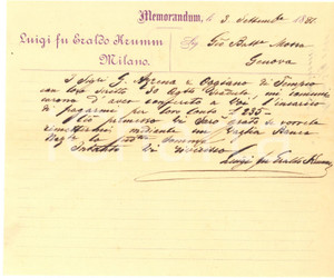 1881 MILANO Luigi fu Eraldo KRUMM - Memorandum per saldo partita merce