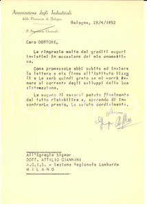 1952 BOLOGNA Associazione Industriali - Giorgio ROFFENI TIRAFERRI - Autografo
