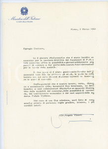1962 ROMA Lettera Angelo VICARI Capo della Polizia per concorso - Autografo