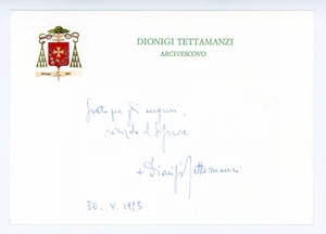 Autografo originale 1995 GENOVA Mons. Dionigi TETTAMANZI Arcivescovo  Biglietto AUTOGRAFO 1
