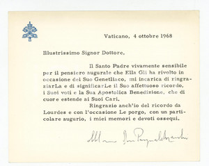 1968 VATICANO Mons. Pasquale MACCHI - Biglietto ringraziamento AUTOGRAFO