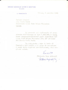 1985 MILANO Lettera Vittorio Enzo ALFIERI per Premio "Carlo Porta" AUTOGRAFO