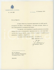 1974 VATICANO Mons. Giovanni BENELLI - Lettera per ringraziamento *AUTOGRAFO