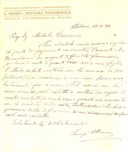 1936 MILANO Lettera tipografo Luigi MEMO per riscossione credito - AUTOGRAFO