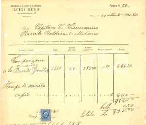 1935 MILANO Tipografo Luigi MEMO - Fattura per romanzo "Le bare di granito"