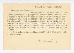 1941 ROMA Cartolina Mario MENGHINI per stampa di un lavoro - Autografo FG VG