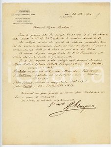 1900 ROMA Lettera Louis KEMPNER per vendita di incisioni - AUTOGRAFO