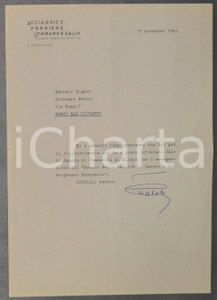 1965 MILANO Lettera presidente Giovanni FALCK per congratulazioni - AUTOGRAFO