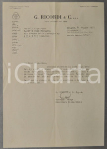1965 MILANO Casa G. RICORDI & C. - Lettera Giovanni Verga per fascicolo