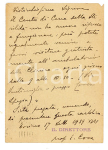 1939 TORINO Cartolina prof. Ercole COVA su Centro Cura Sterilità - AUTOGRAFO