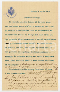 1915 PALERMO Lettera on. Aurelio DRAGO per conduttura di Raccuja - AUTOGRAFO