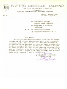 1963 PLI BRINDISI Lettera Ettore LONGO per convocazione convegno - Autografo