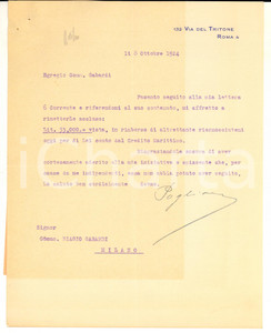 1924 ROMA Lettera Gr. Uff. Angelo POGLIANI per VISCOSA LOMBARDA *AUTOGRAFI Lettera dattiloscritta, con firma autografa, relativa a una partecipazione azionaria.Unito dattiloscritto originale e una seconda lettera copiata a carbone, ma con firma autografa.CONDIZIONI: FAIR (piegature d'epoca e brunitura)PAGINE: 3    originale e autentica 1