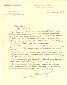 1958 PARIS Lettera deputato Emile HUGUES per condoglianze - AUTOGRAFO