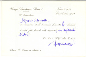 1987 Gruppo CARABINIERI ROMA I Biglietto comandante Aldo CARLESCHI Autografo