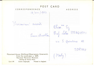 1963 GREENWICH Cartolina prof. Enea OCCELLA - AUTOGRAFO FG NV