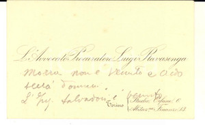 1920 ca TORINO Biglietto avvocato Luigi RAVASENGA - Autografo