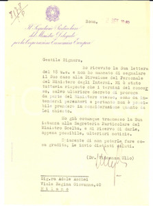1949 ROMA Lettera Vincenzo ULLO - Segretario particolare ministro - AUTOGRAFO