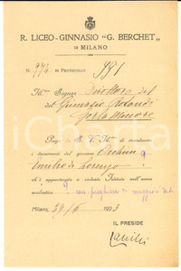 1923 MILANO Liceo BERCHET - Richiesta documenti - Autografo Carlo CANILLI