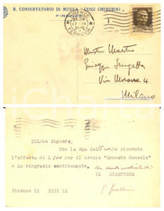 1931 FIRENZE Conservatorio - Cartolina Guido GUERRINI direttore - AUTOGRAFO