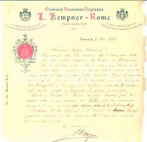 Autografo originale 1905 ROMA Lettera Louis KEMPNER per una vendita di incisioni  AUTOGRAFO 1