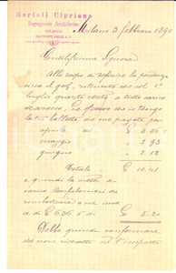 1890 MILANO Lettera Cipriano BORIOLI ingegnere architetto per saldo *AUTOGRAFO