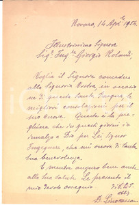 1954 NOVARA Lettera mons. Lino CASSANI all'ing. Giorgio ROLANDI - AUTOGRAFO