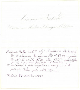 Autografo originale 1881 FUBINE MONFERRATO Aimone NATALE Dottore in Medicina  Biglietto AUTOGRAFO 1