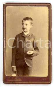 Fotografia d epoca originale 1890 ca LODI Ritratto di bambino in divisa collegiale Foto A. MALLIANI  CDV 1
