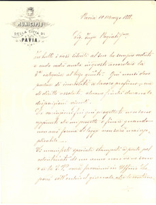 Documento originale, autentico 1888 MUNICIPIO DI PAVIA Lettera di funzionario per assegnazione di categoria 1