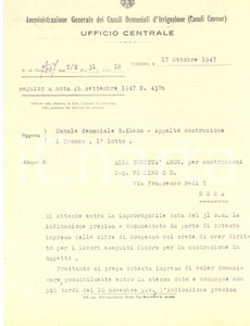 Documento originale, autentico 1947 TORINO Amministrazione CANALI CAVOUR  Lettera per canale REGINA ELENA 1