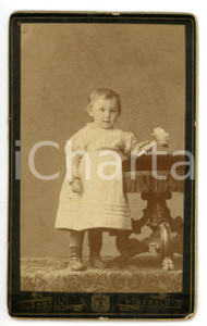 Fotografia d epoca originale 1890 ca PINEROLO TO Ritratto di bambina con mazzo di fiori Foto SANTINI  CDV 1