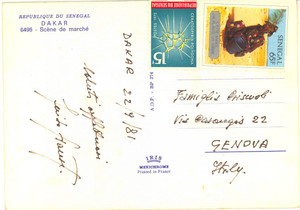 Autografo originale 1981 DAKAR SENEGAL Cartolina pittore Guido HANSET  AUTOGRAFO FG VG 1
