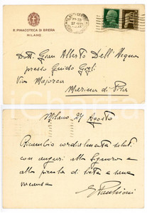 Autografo originale 1942 MILANO Regia Pinacoteca di Brera  Biglietto Guglielmo PACCHIONI AUTOGRAFO 1