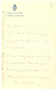Manoscritto, lettera originale 1920 ca ROMA Consiglio Superiore di Pubblica Istruzione Lettera carta intestata 1