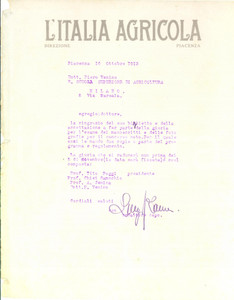 1913 PIACENZA L'ITALIA AGRICOLA Lettera Luigi RAINERI per giuria - Autografo